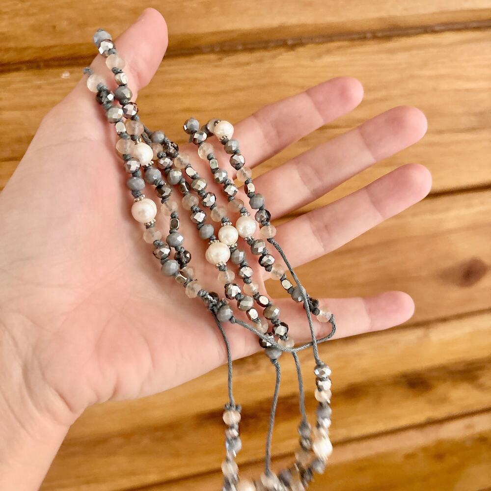 Marlyn Schiff Gray, White and Silver Multi-Strand Beaded Wrap Necklace